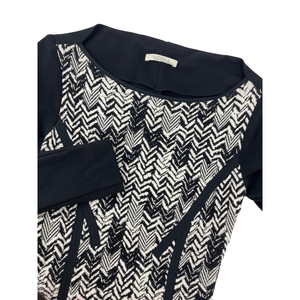Beatrice B Italy Black White Chevron Mixed Media Long Sleeve Mini Dress Size 4 S